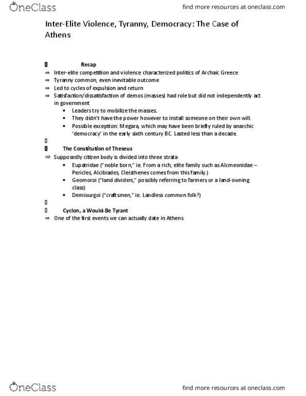 CLA160H1 Lecture Notes - Lecture 6: Alcmaeonidae, Megacles, Eupatridae thumbnail