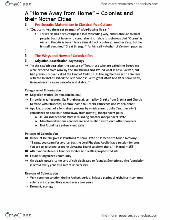 CLA160H1 Lecture Notes - Lecture 7: First Messenian War, Dorieus, Colonies In Antiquity thumbnail