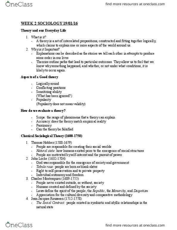 SOC 1101 Lecture Notes - Lecture 2: Tabula Rasa, Montesquieu, Age Of Enlightenment thumbnail