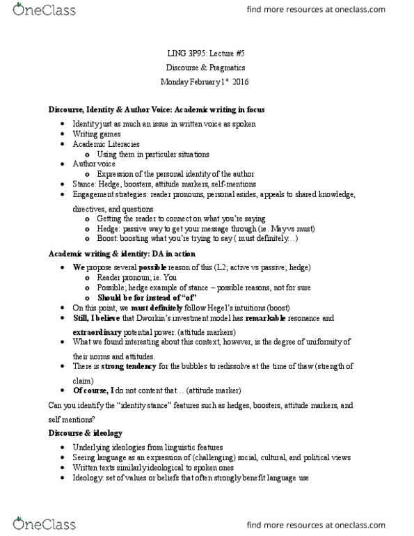 LING 3P95 Lecture Notes - Lecture 5: Critical Discourse Analysis, Academic Writing, Pragmatics thumbnail