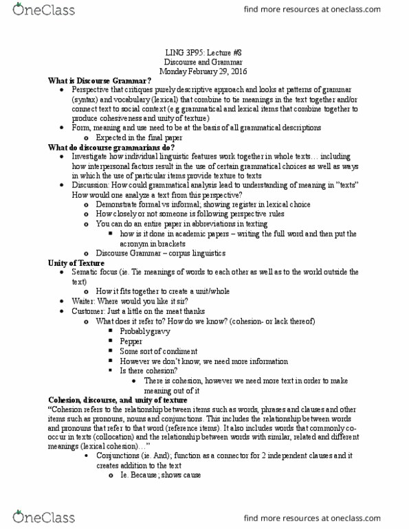 LING 3P95 Lecture Notes - Lecture 8: Collocation, Cataphora, Corpus Linguistics thumbnail