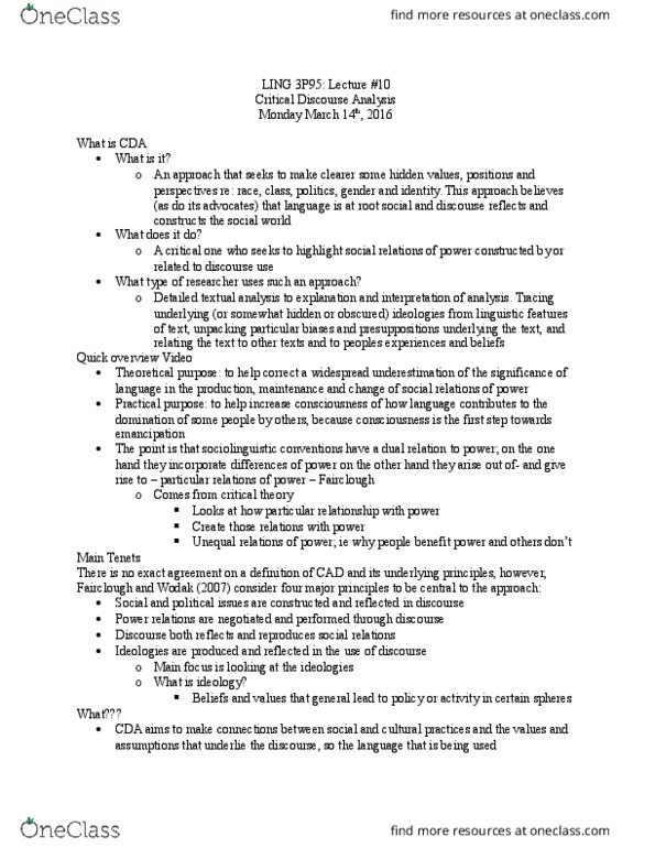 LING 3P95 Lecture Notes - Lecture 10: Critical Discourse Analysis thumbnail