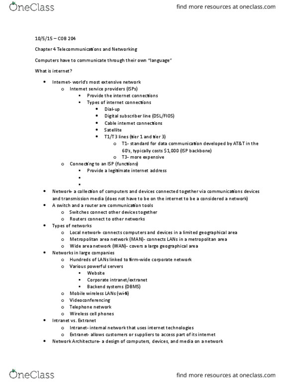 COB 204 Lecture Notes - Lecture 5: Metropolitan Area Network, Intranet, Wide Area Network thumbnail