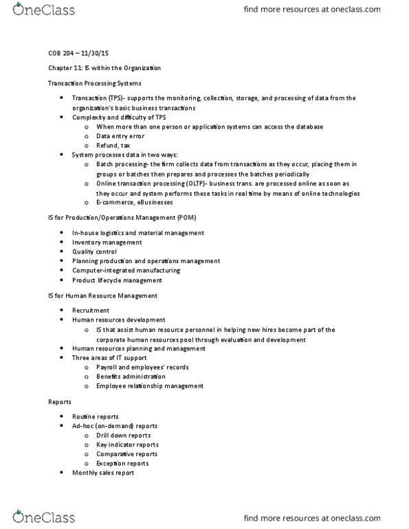 COB 204 Lecture Notes - Lecture 11: Product Lifecycle, Online Transaction Processing, Batch Processing thumbnail