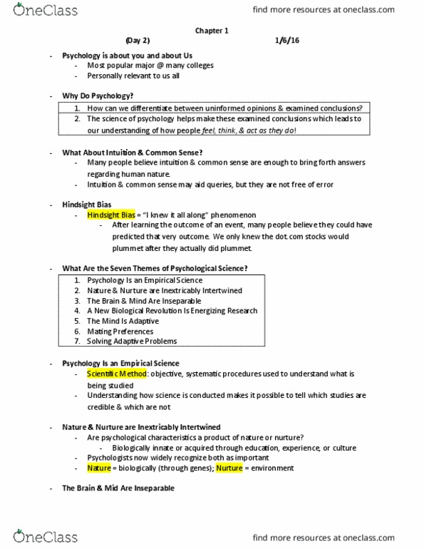 PSY 202 Lecture Notes - Lecture 2: Phineas Gage, Psychological Science, Cultural Psychology thumbnail