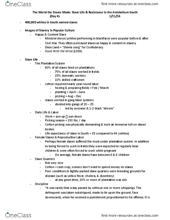 HIST 202 Lecture Notes - Lecture 4: Solomon Northup, History Of The Southern United States, Yellow Fever thumbnail