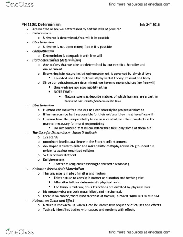 PHI 1103 Lecture Notes - Lecture 12: Materialism, Psychological Determinism, Heredity thumbnail