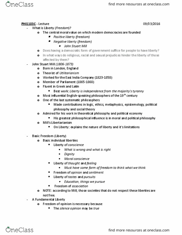 PHI 1103 Lecture Notes - Lecture 14: John Stuart Mill, Meddle, Harm Principle thumbnail