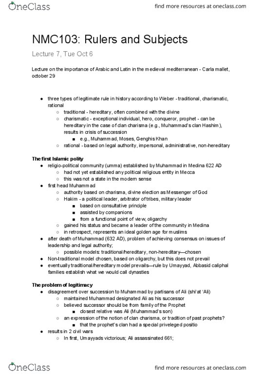 NMC103H1 Lecture Notes - Lecture 7: Tanistry, Malik, Padishah thumbnail