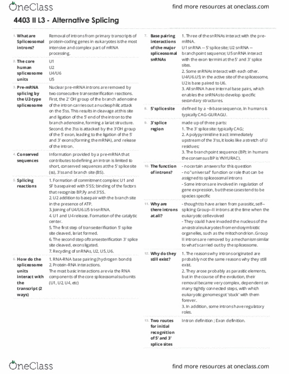 BIOC 4403 Lecture Notes - Lecture 23: Polypyrimidine Tract, Steric Effects, Snrnp thumbnail