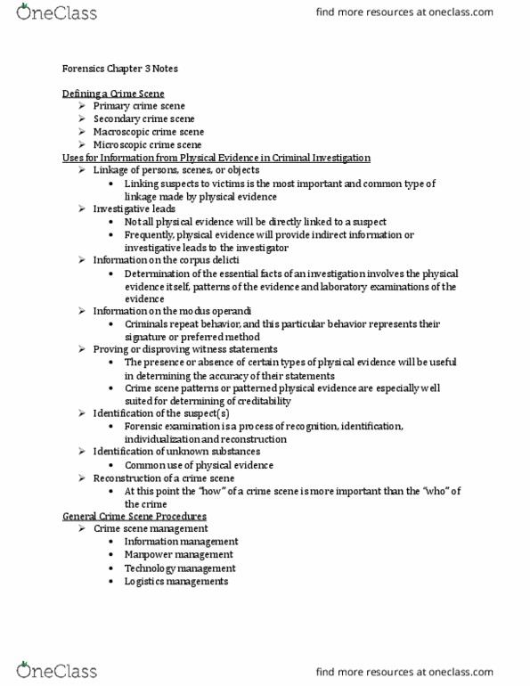 FIVS 205 Chapter Notes - Chapter 3: Modus Operandi, Blood Residue, Forensic Science thumbnail