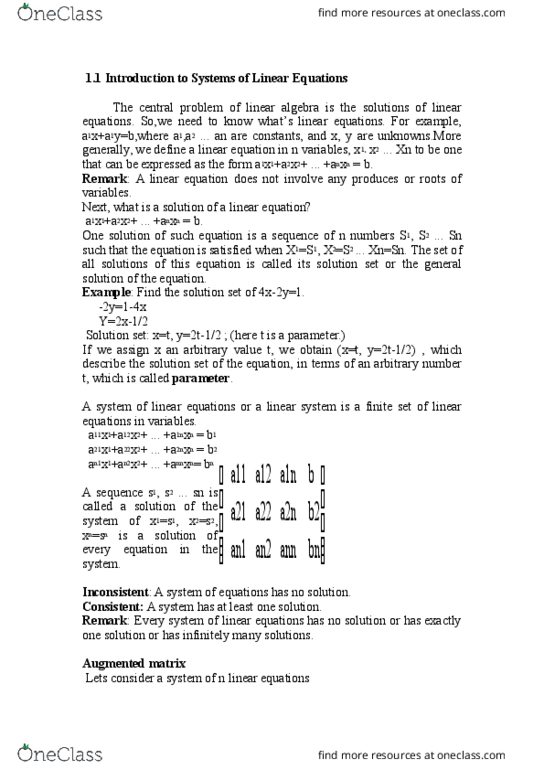 MATH 204 Lecture Notes - Lecture 1: Augmented Matrix, Solution Set, Linear Algebra thumbnail