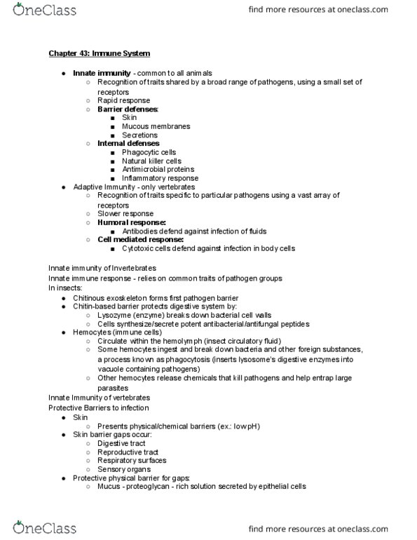 BIOL 1111 Chapter Notes - Chapter 43: Lysosome, Clonal Selection, Immunoglobulin D thumbnail