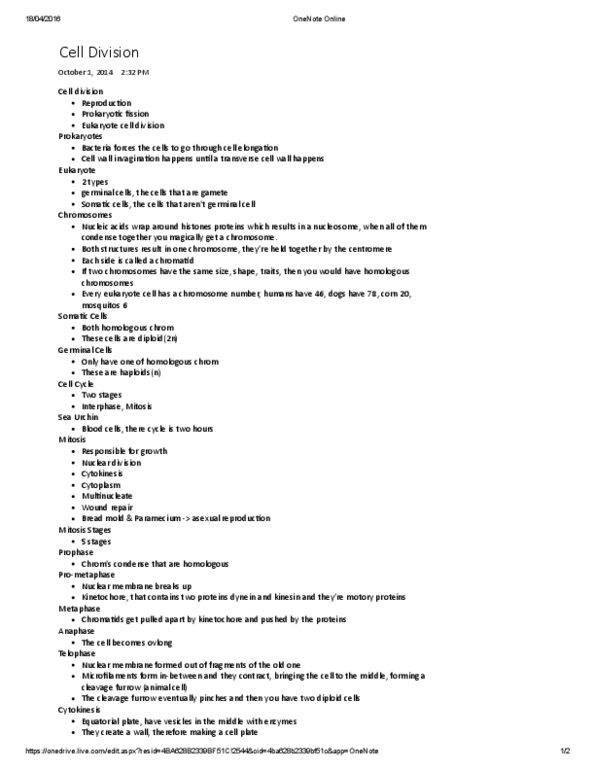 AEBI 120 Lecture Notes - Lecture 7: Cytokinesis, Metaphase, Eukaryote thumbnail