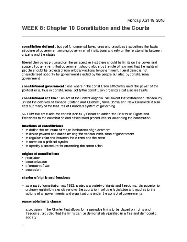 POL 100 Lecture Notes - Lecture 8: Freedom Of Movement, Judicial Activism, Meech Lake Accord thumbnail