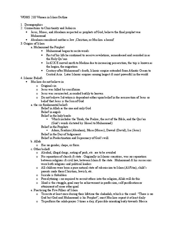 WOMS210 Lecture Notes - Lecture 11: Salah, Islamic Feminism, Hijab thumbnail