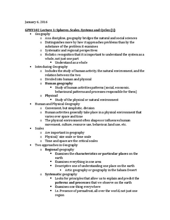 GPHY 102 Lecture Notes - Lecture 1: Population Geography, Climatology, Geomorphology thumbnail