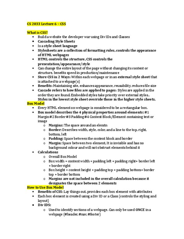 Computer Science 1033A/B Lecture Notes - Lecture 6: Style Sheet Language, Cascading Style Sheets, Html Element thumbnail