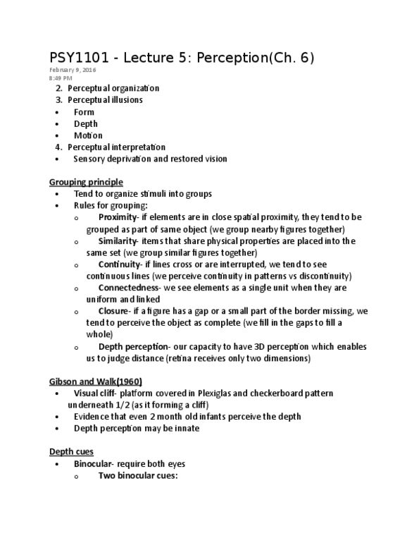 PSY 1101 Lecture Notes - Lecture 5: Phi Phenomenon, Depth Perception, Motion Perception thumbnail