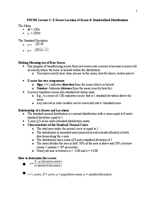 PSY201H1 Lecture Notes - Lecture 5: Standard Deviation, Standard Score, Normal Distribution thumbnail