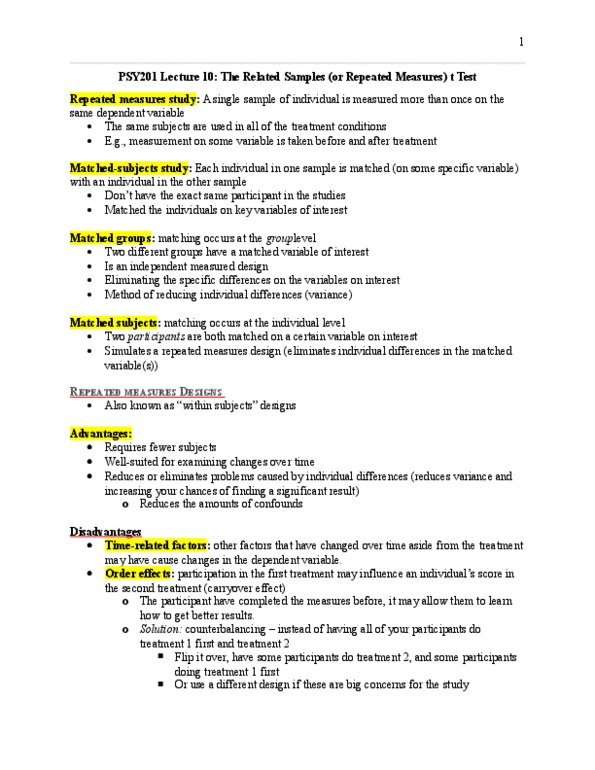 PSY201H1 Lecture Notes - Lecture 10: Alternative Hypothesis, Null Hypothesis, Repeated Measures Design thumbnail
