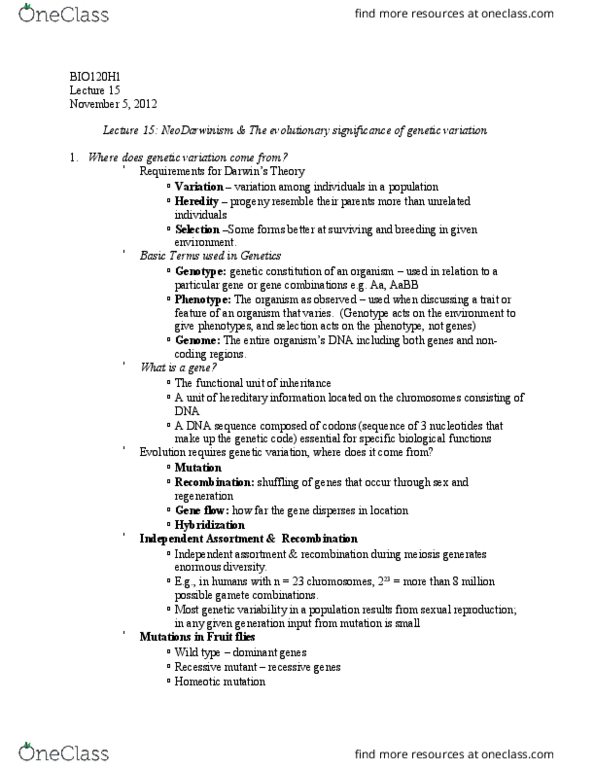 BIO120H1 Lecture Notes - Lecture 15: Selective Breeding, Human Height, Gregor Mendel thumbnail