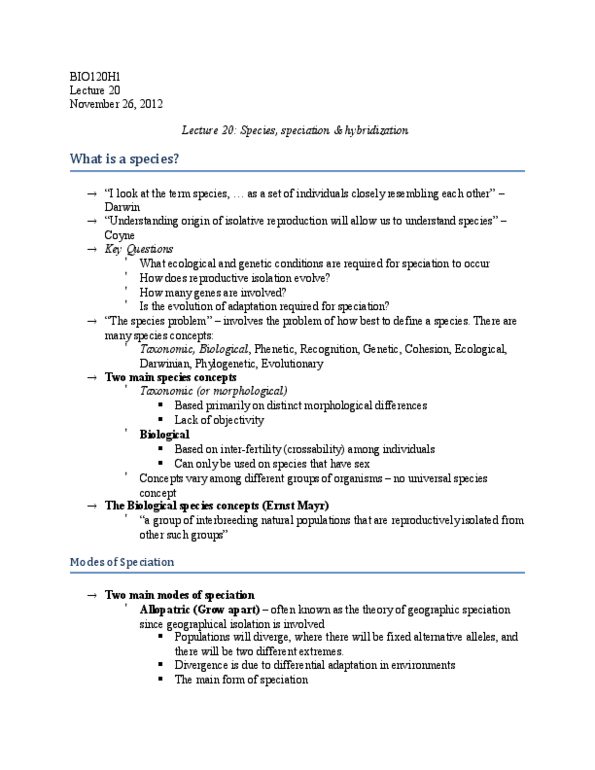 BIO120H1 Lecture Notes - Lecture 20: Zygosity, Divergent Evolution, Adaptive Radiation thumbnail