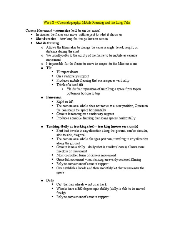 Film Studies 1020E Lecture Notes - Lecture 8: Tracking Shot, Point-Of-View Shot, Citizen Kane thumbnail