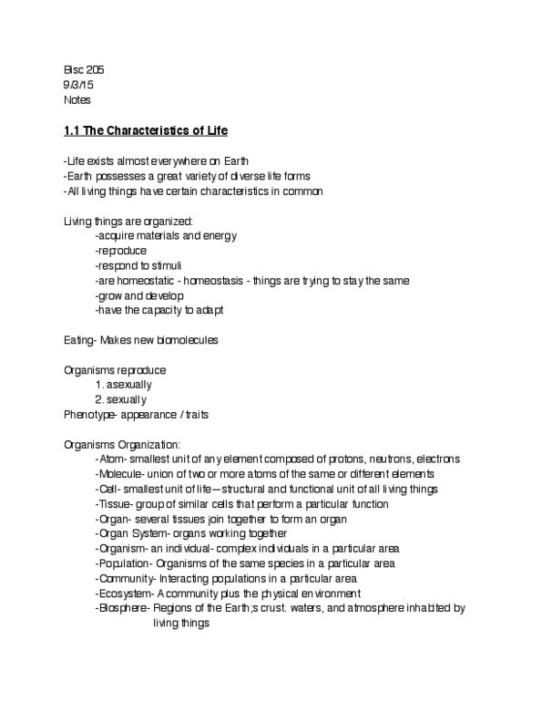 BISC207 Lecture Notes - Lecture 1: Phenotype, Organism thumbnail