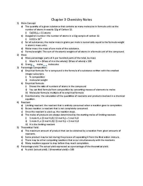 CHEM 130 Chapter Notes - Chapter 3: Limiting Reagent, Reagent, Chemical Equation thumbnail