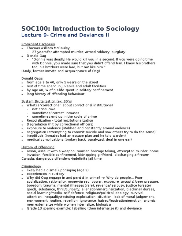 SOC100H5 Lecture Notes - Lecture 10: Left Realism, Subculture, Anomie thumbnail