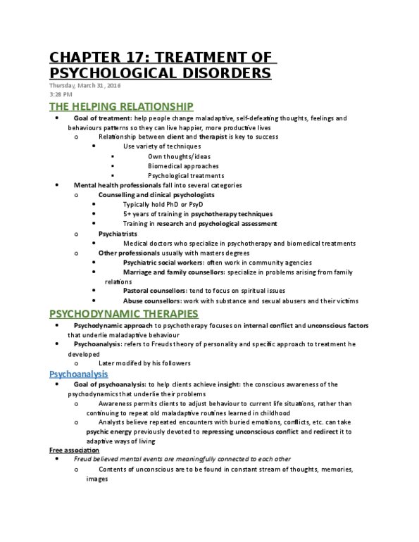 Psychology 1000 Chapter 17: CHAPTER 17-TREATMENT OF PSYCHOLOGICAL DISORDERS thumbnail