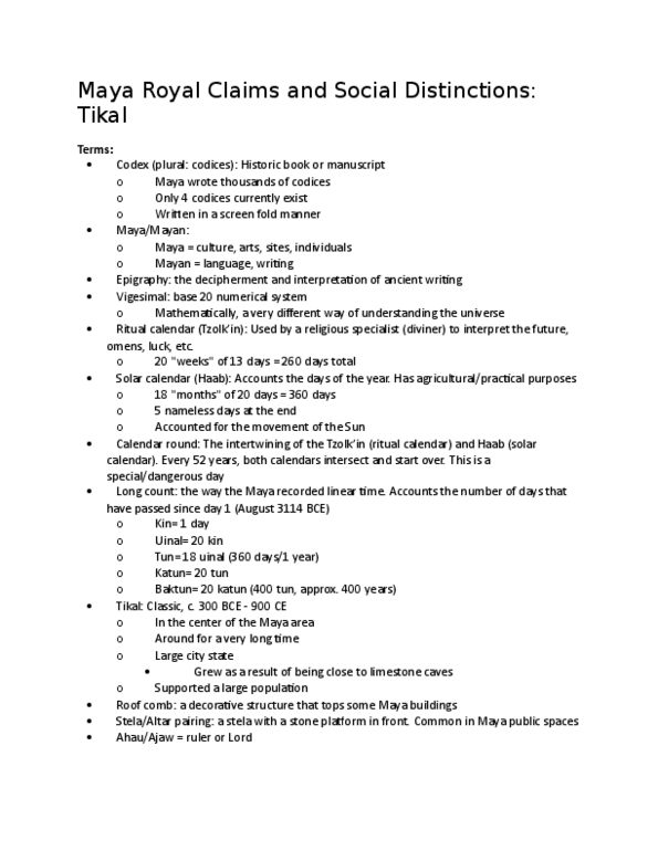 ARTHI 6H Lecture Notes - Lecture 7: Dresden Codex, Teotihuacan, Maya Script thumbnail