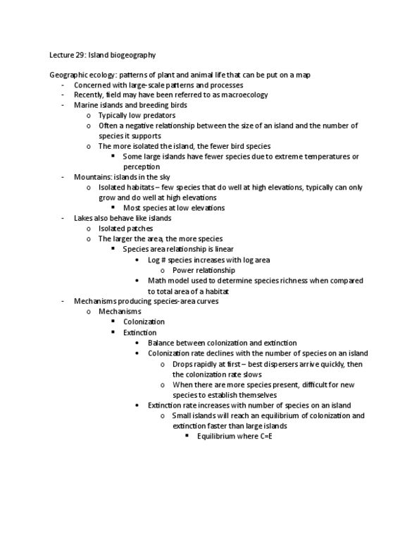 BIOL 2060 Lecture Notes - Lecture 29: Insular Biogeography, Macroecology, Species Richness thumbnail