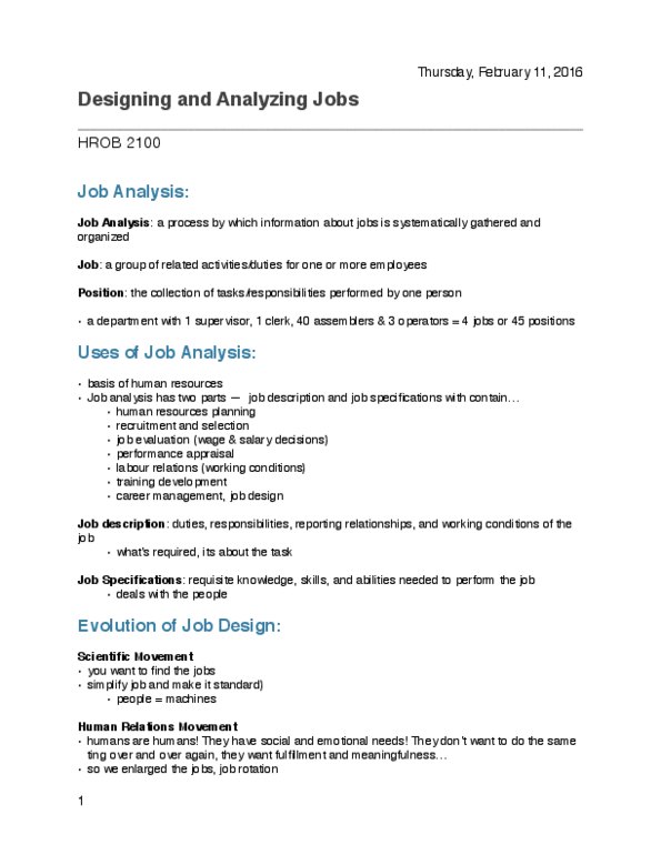 HROB 2100 Lecture Notes - Lecture 9: Job Enrichment, Performance Appraisal, Job Analysis thumbnail