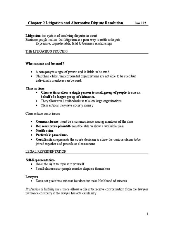 LAW 122 Chapter Notes - Chapter 2: Alternative Dispute Resolution, Small Claims Court, Liability Insurance thumbnail