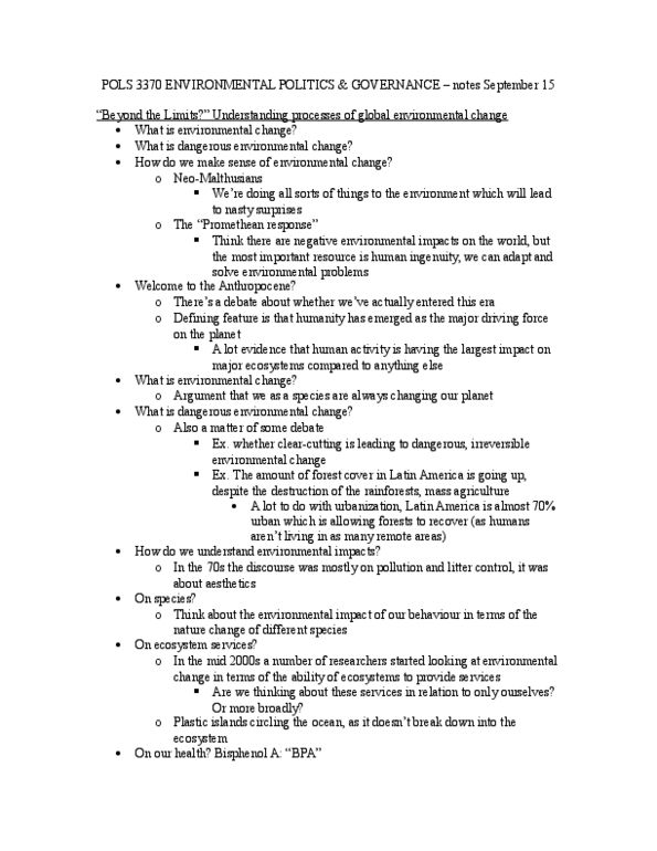 POLS 3370 Lecture Notes - Lecture 15: Environmental Policy, Ecosystem Services, Bisphenol A thumbnail