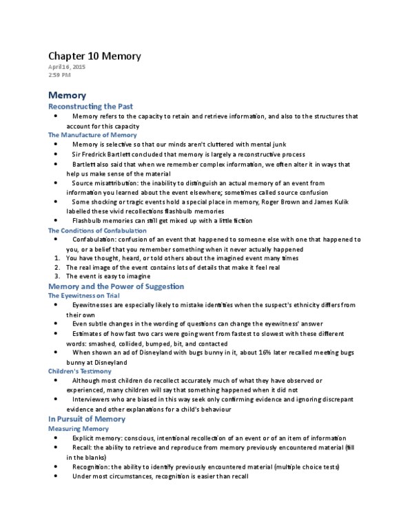 PSY 120 Chapter Notes - Chapter 10: Leaky Bucket, Semantic Memory, Implicit Memory thumbnail