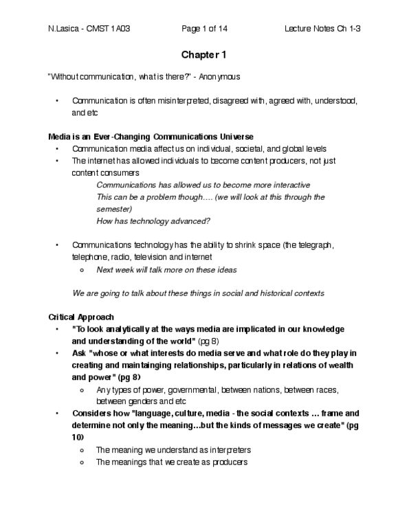 CMST 1A03 Lecture Notes - Lecture 1: Mass Media, Mass Communication, Interactive Media thumbnail