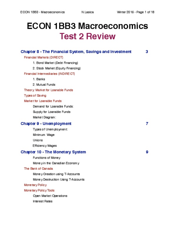 Econ 1bb3 Study Guide Winter 2016 Midterm Loanable Funds Real - econ 1bb3 study guide winter 2016 midterm loanable funds real interest rate unemployment