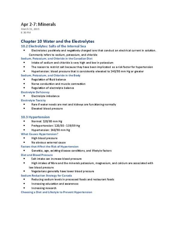 NUTR 120 Chapter Notes - Chapter 10-12: Parathyroid Gland, Water–Electrolyte Imbalance, Hypertension thumbnail