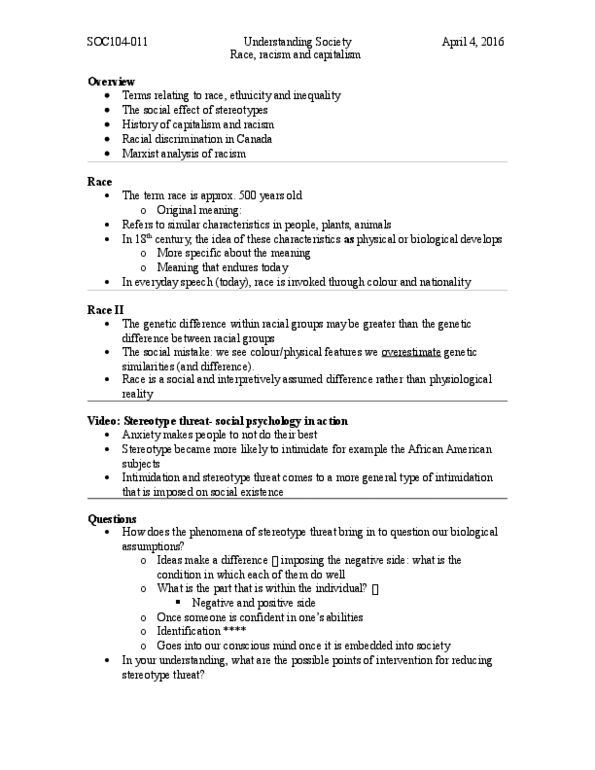 SOC 104 Lecture Notes - Lecture 11: Naimans, Stereotype Threat, Chauvinism thumbnail