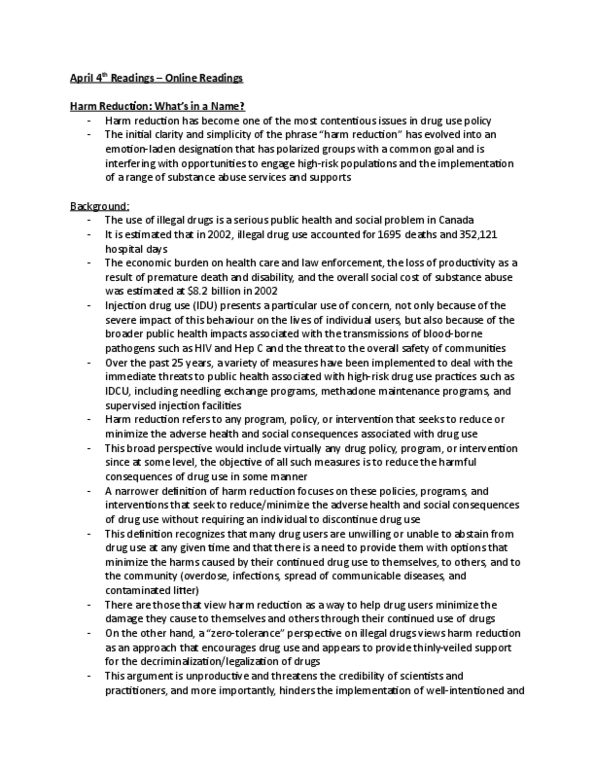 PSYC 3403 Chapter Notes - Chapter n/a: Needle Exchange Programme, Methadone Maintenance, Illegal Drug Trade thumbnail