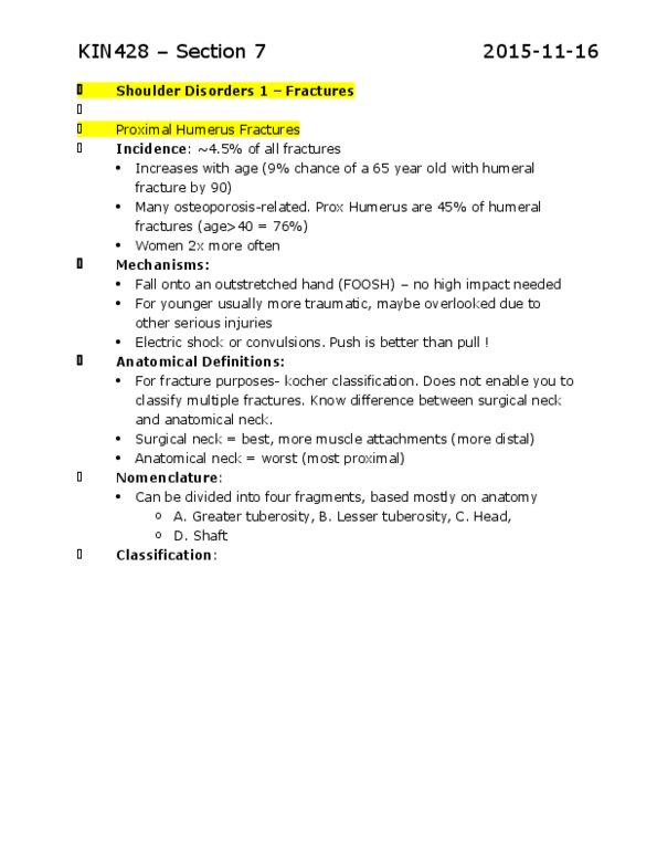 KIN428 Lecture Notes - Lecture 7: Humerus Fracture, Avulsion Fracture, Upper Extremity Of Humerus thumbnail