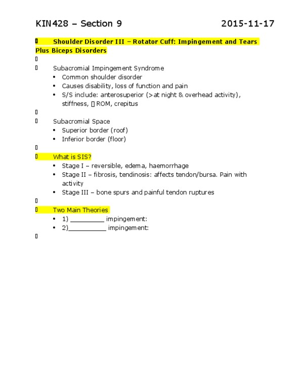 KIN428 Lecture Notes - Lecture 9: Arthropathy, Rheumatoid Arthritis, Upper Extremity Of Humerus thumbnail