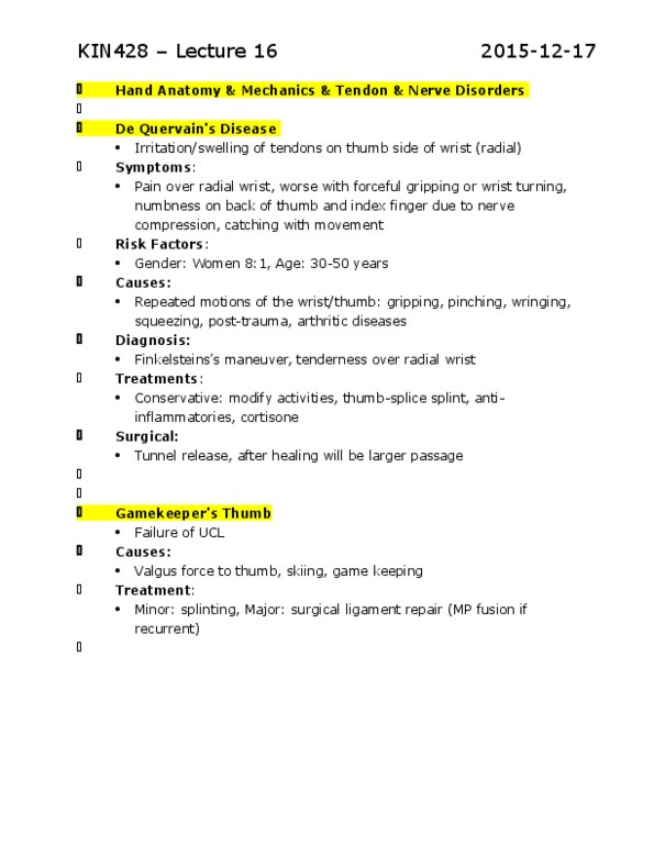 KIN428 Lecture Notes - Lecture 16: Tendinosis, Rheumatoid Arthritis, Slip Coach thumbnail