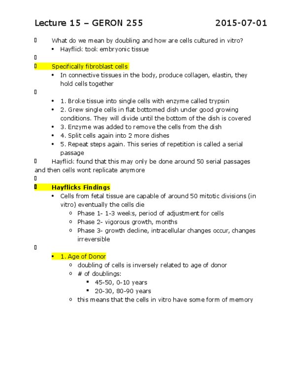 GERON255 Lecture Notes - Lecture 15: Chromosome, Apoptosis, Telomerase thumbnail