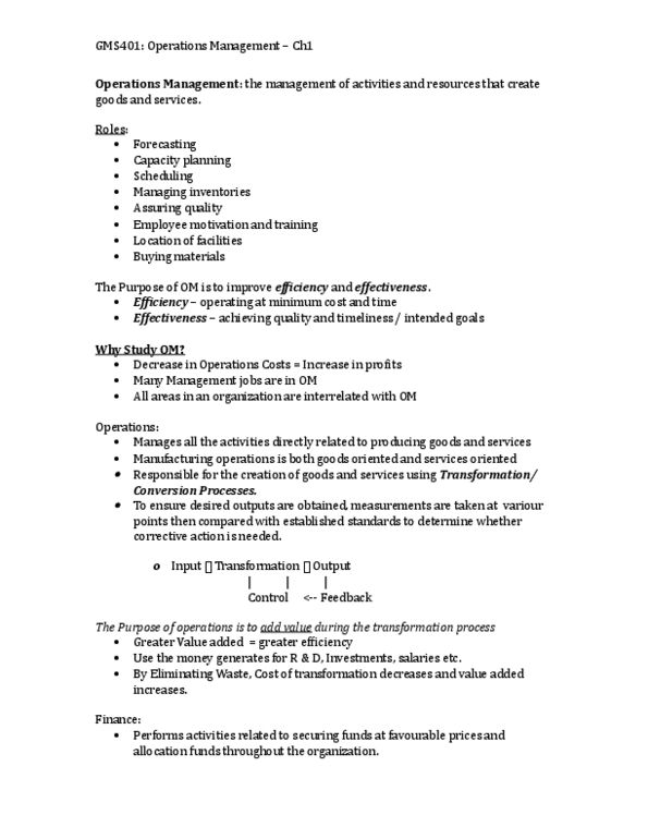 GMS 401 Chapter Notes - Chapter 1: Management Information System, Operations Management, Product Design thumbnail