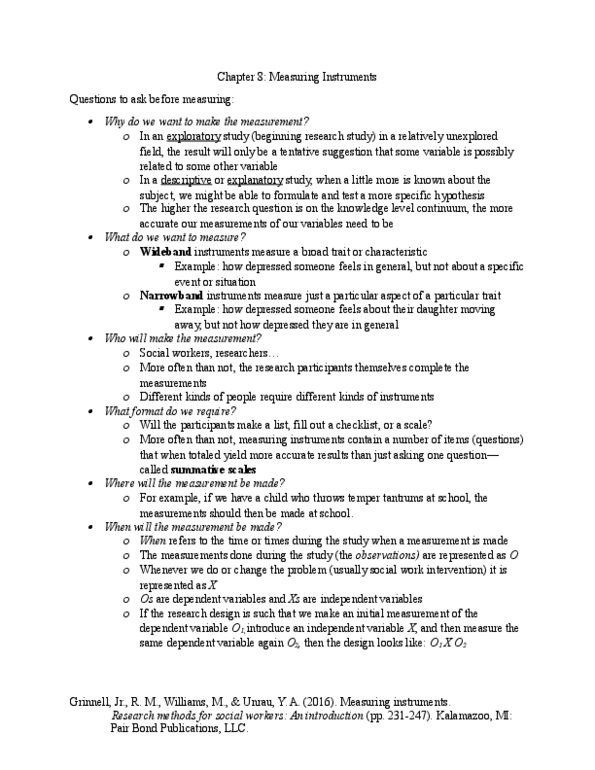 SW 300 Chapter Notes - Chapter 8: Measuring Instrument, Michael Williams (Geographer), Content Validity thumbnail