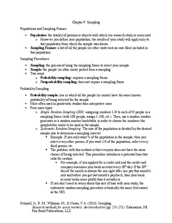 SW 300 Chapter Notes - Chapter 9: Nonprobability Sampling, Simple Random Sample, Michael Williams (Geographer) thumbnail